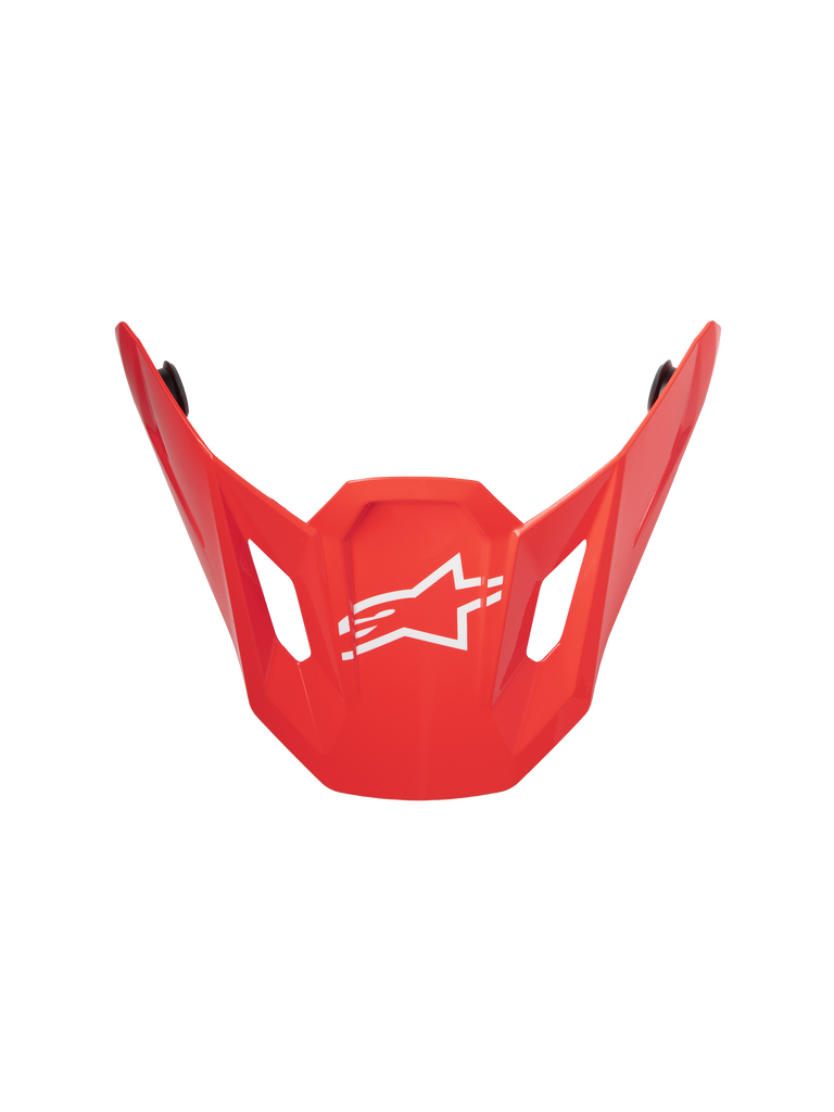 Alpinestars S-M7 Core ECE06 Visor, Red Glossy, motocross helmet replacement peak, featuring an angular aerodynamic design with a central white Alpinestars star logo, side ventilation cutouts, and a durable glossy finish