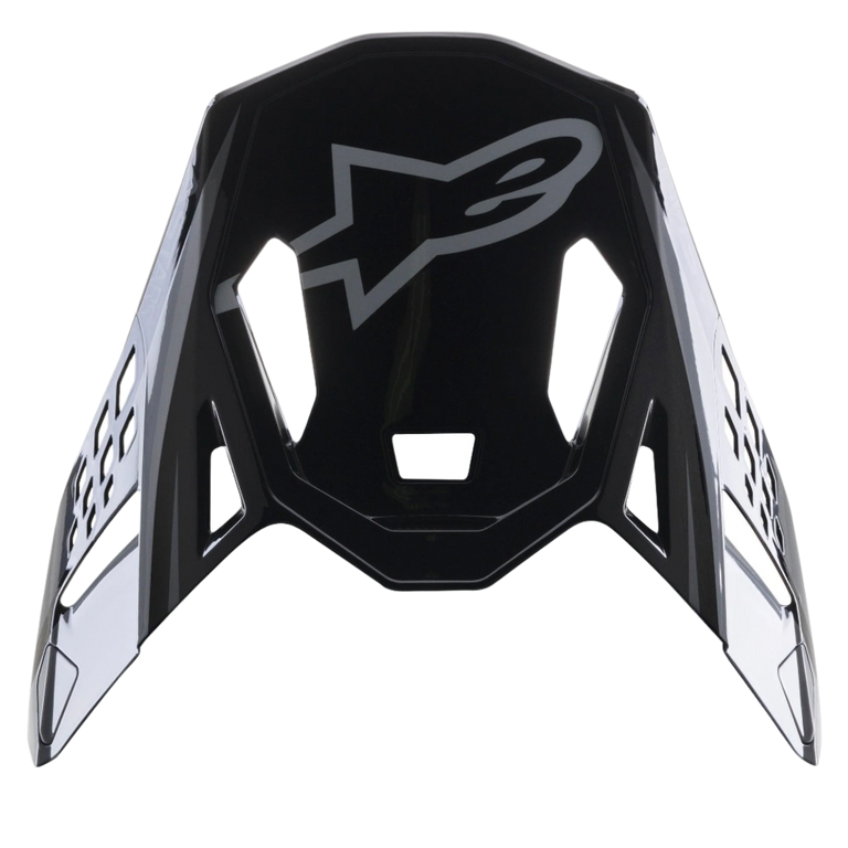Alpinestars Supertech M10 Carbon Meta2 Visor, Black and Gray Glossy replacement peak, featuring a gray Alpinestars logo and aerodynamic ventilation cutouts, motocross helmet accessory