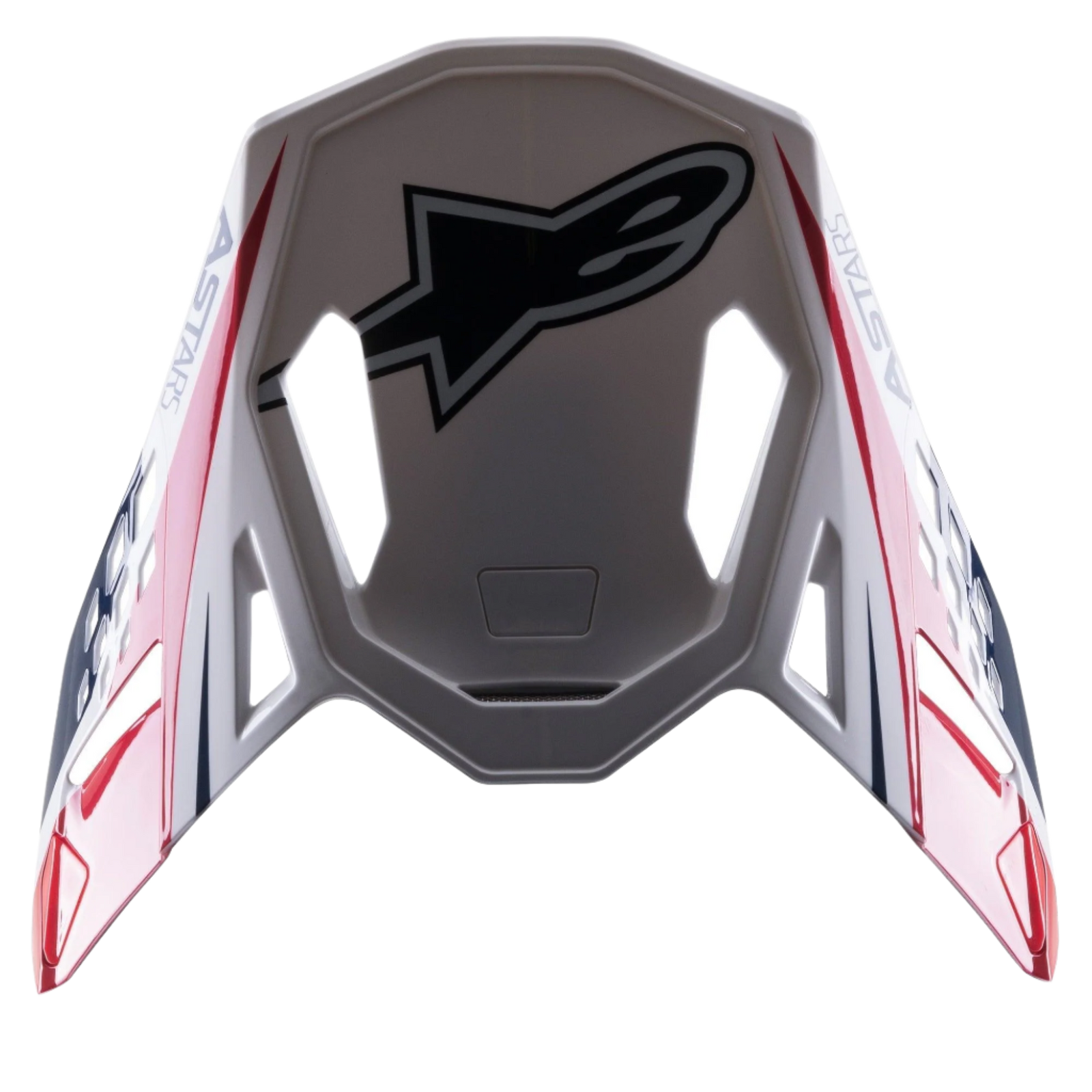 Alpinestars Supertech M10 Carbon Meta2 Visor, Motocross Helmet Accessory, White Red and Blue Glossy finish, featuring a large black Astar logo on top and side branding, aerodynamic design with ventilation cutouts for off-road helmets