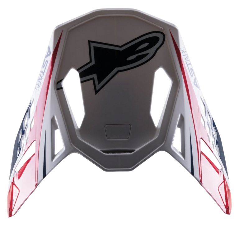 Alpinestars Supertech M10 Carbon Meta2 Visor, Motocross Helmet Accessory, White Red and Blue Glossy finish, featuring a large black Astar logo on top and side branding, aerodynamic design with ventilation cutouts for off-road helmets