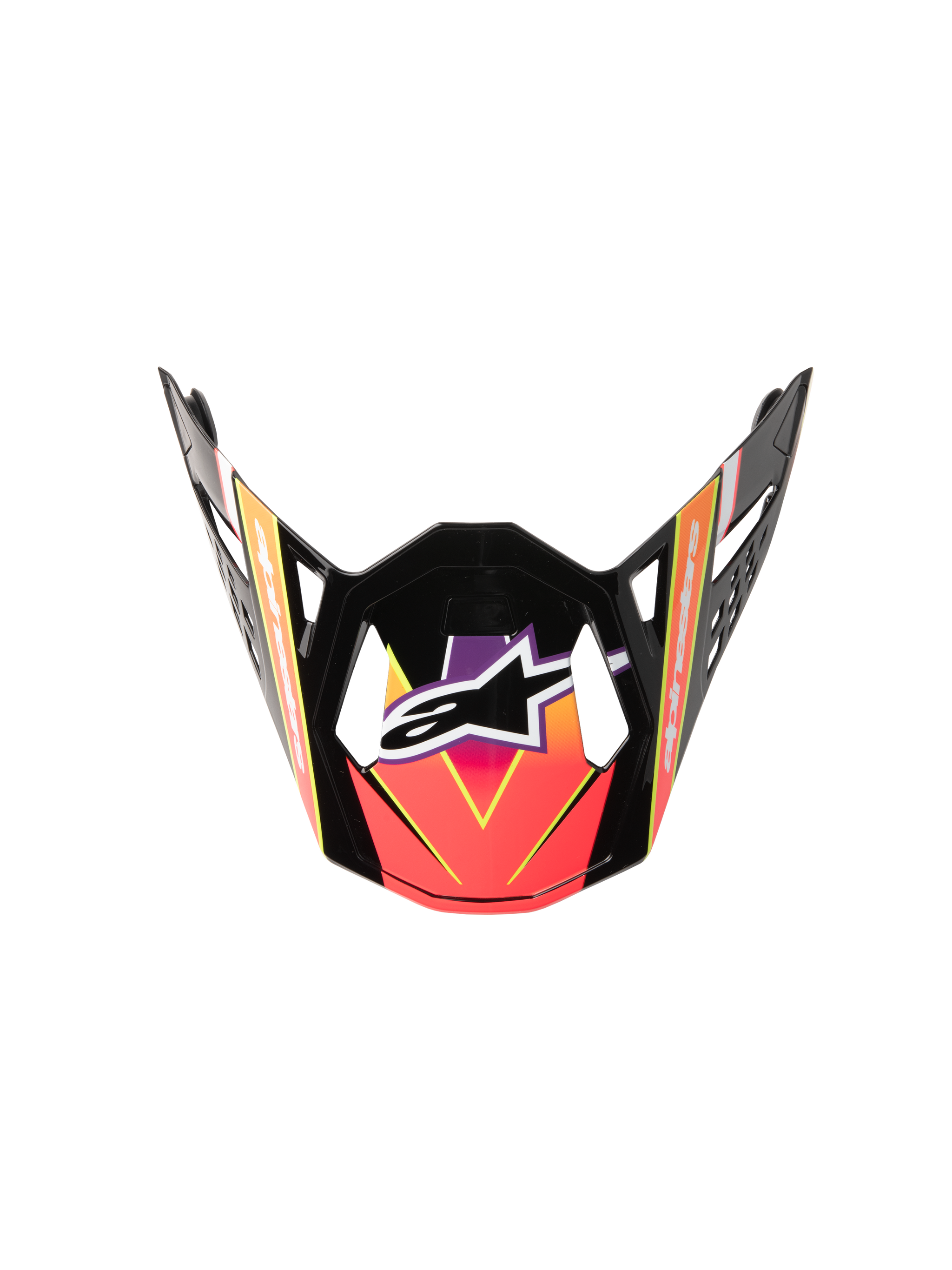 Alpinestars Supertech M10 Era Visor, Motocross Helmet Visor, Pink Violet and Yellow Fluo Glossy gradient, glossy black frame, angular aerodynamic shape with centered white logo, official replacement peak for off-road racing