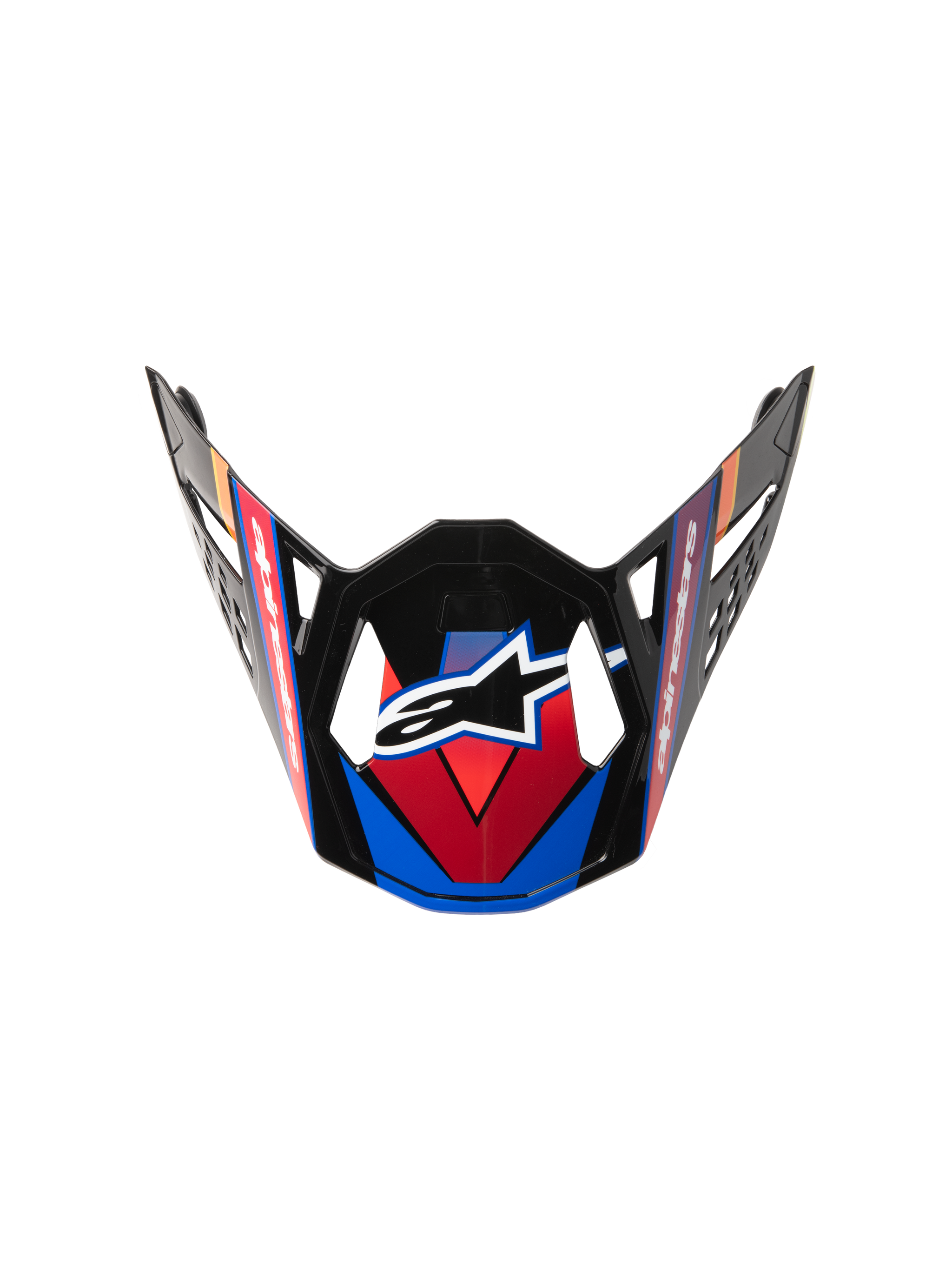 Supertech M10 Era Visor, Motocross Helmet Replacement Visor, Blue Red and Yellow Fluo, glossy black finish with angular graphics, central white star logo, and aerodynamic vent cutouts