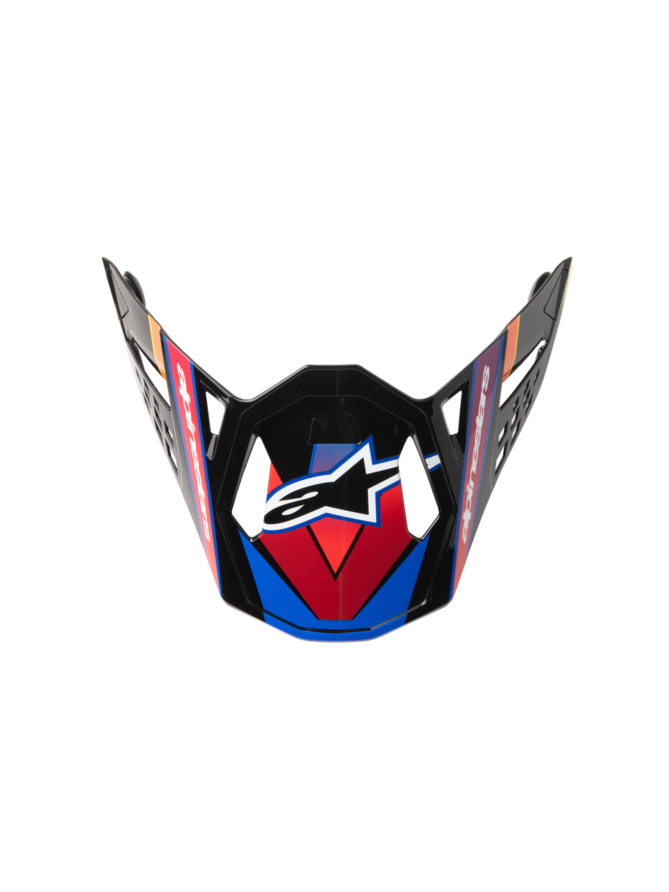 Supertech M10 Era Visor, Motocross Helmet Replacement Visor, Blue Red and Yellow Fluo, glossy black finish with angular graphics, central white star logo, and aerodynamic vent cutouts