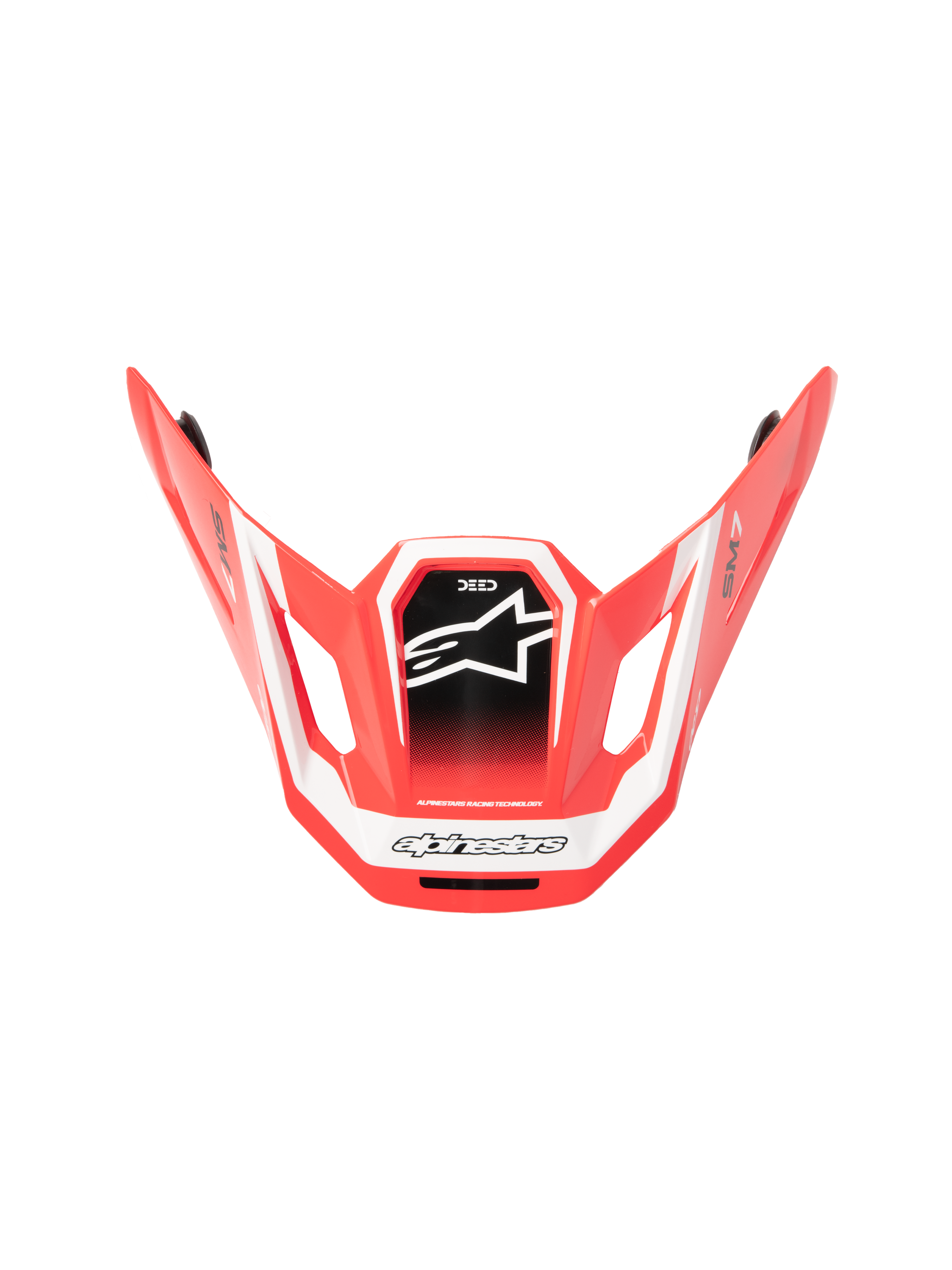 Alpinestars S-M7 Deed ECE06 Visor, MX Helmet Visor, Red Black and White Glossy, angular aerodynamic design with white star logo on black central panel, featuring SM7 and Deed branding, glossy finish for off-road performance