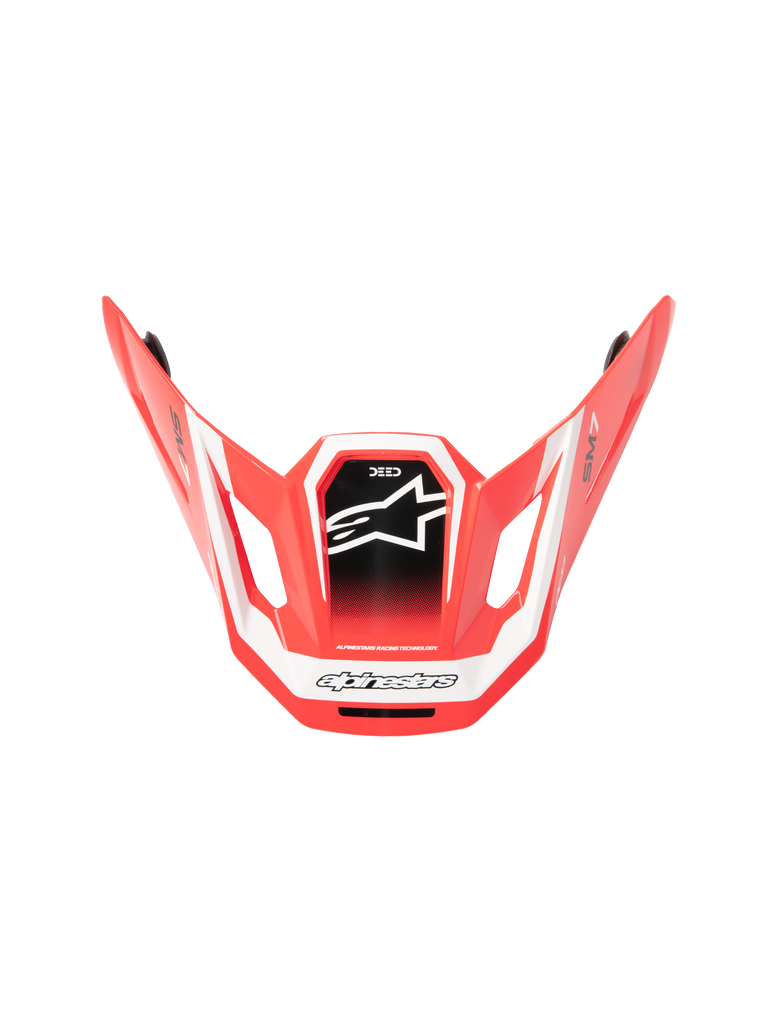 Alpinestars S-M7 Deed ECE06 Visor, MX Helmet Visor, Red Black and White Glossy, angular aerodynamic design with white star logo on black central panel, featuring SM7 and Deed branding, glossy finish for off-road performance