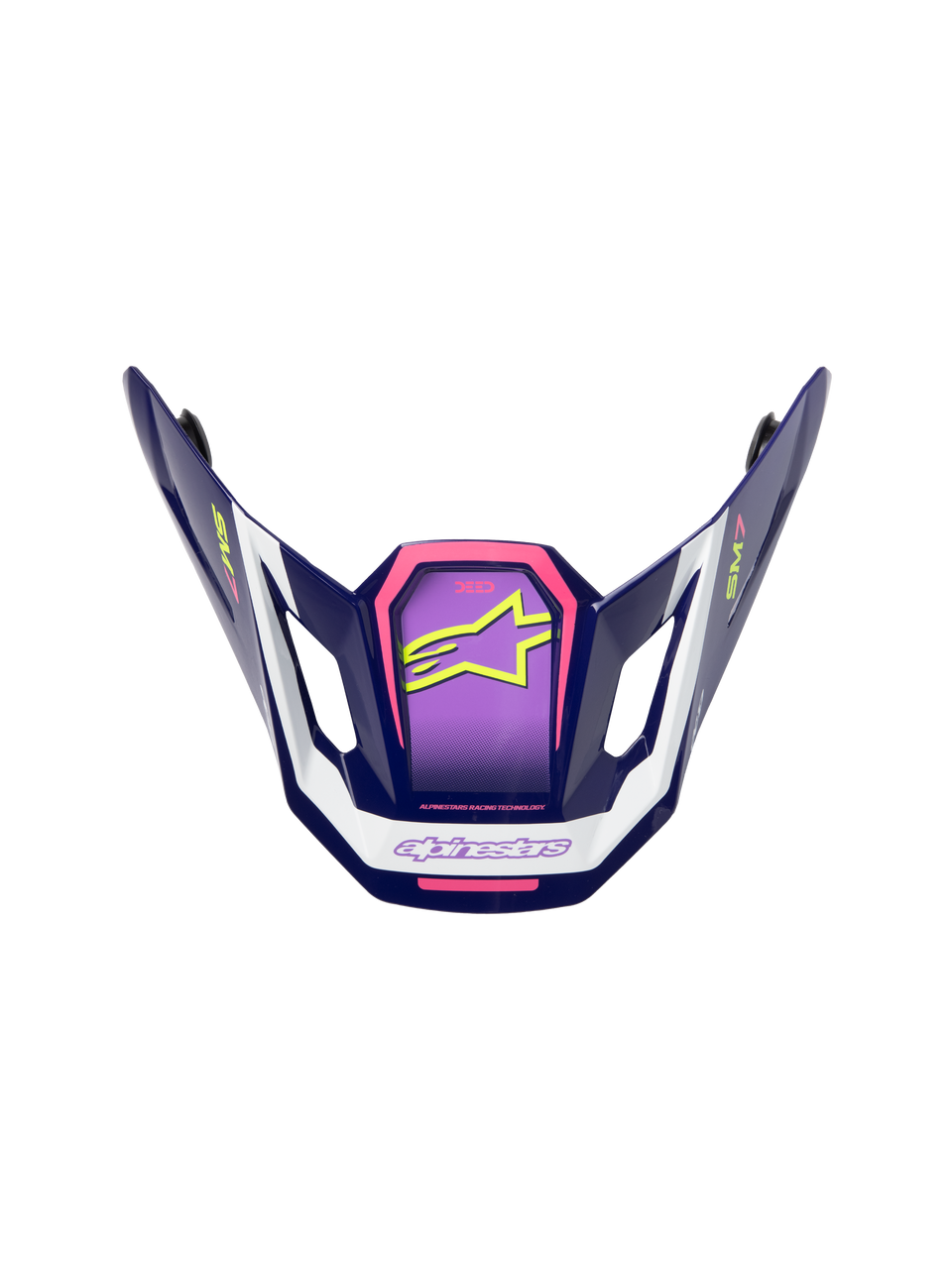 Alpinestars S-M7 Deed Visor, Motocross Helmet Accessory, Purple Pink and White, glossy finish featuring neon yellow star logo and SM7 branding, angular aerodynamic design for off-road racing