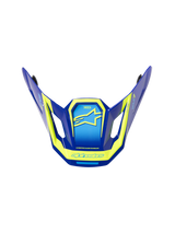Alpinestars S-M7 Deed ECE06 Visor, Motocross helmet replacement peak, Blue and Yellow Fluo with glossy finish, angular aerodynamic design with side vents, featuring prominent yellow Alpinestars logos and graphics