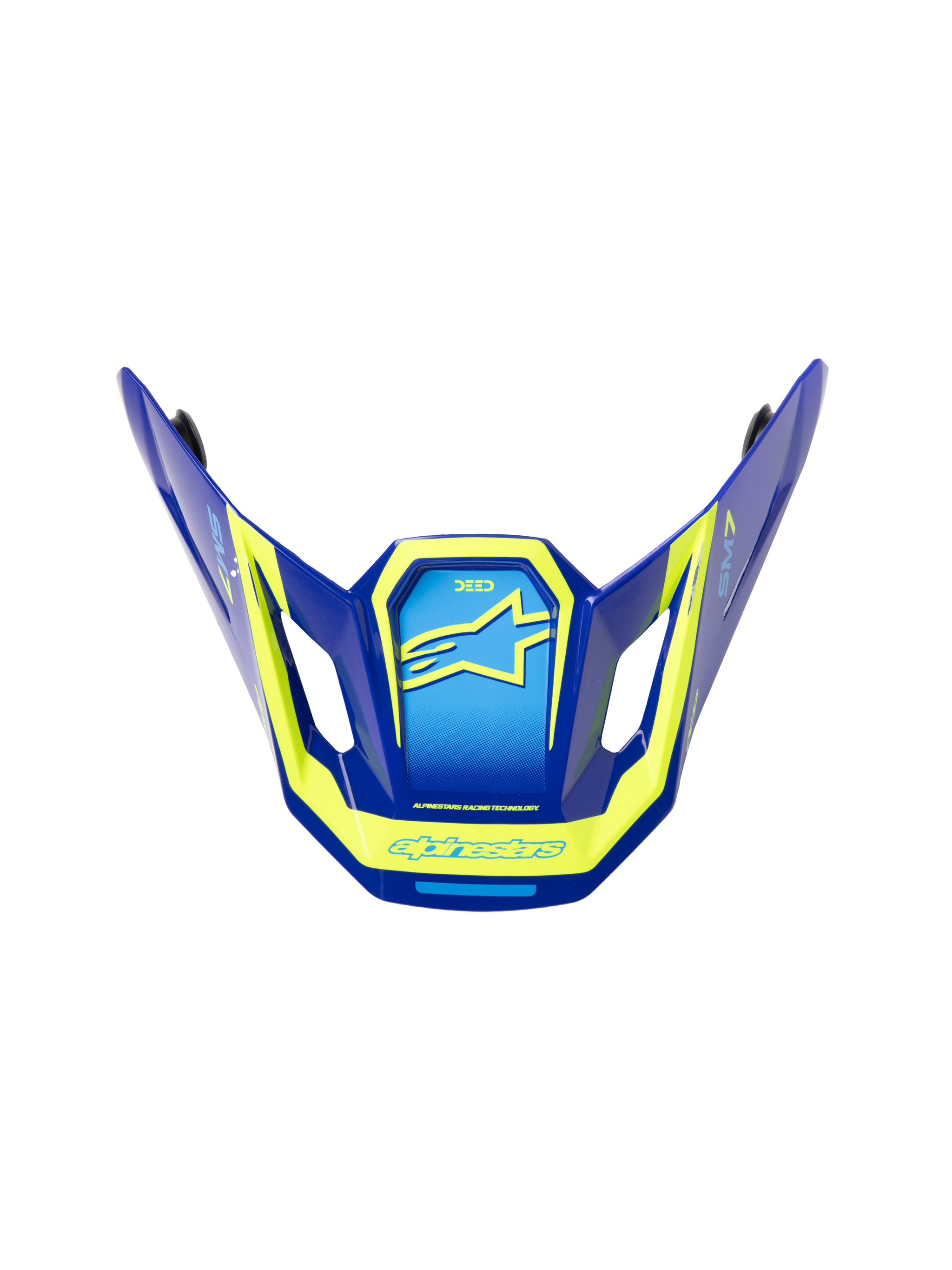 Alpinestars S-M7 Deed ECE06 Visor, Motocross helmet replacement peak, Blue and Yellow Fluo with glossy finish, angular aerodynamic design with side vents, featuring prominent yellow Alpinestars logos and graphics