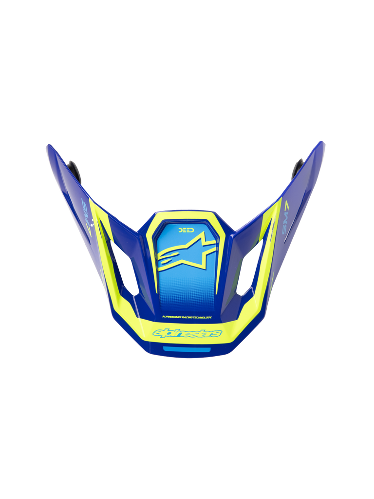 Alpinestars S-M7 Deed ECE06 Visor, Motocross helmet replacement peak, Blue and Yellow Fluo with glossy finish, angular aerodynamic design with side vents, featuring prominent yellow Alpinestars logos and graphics