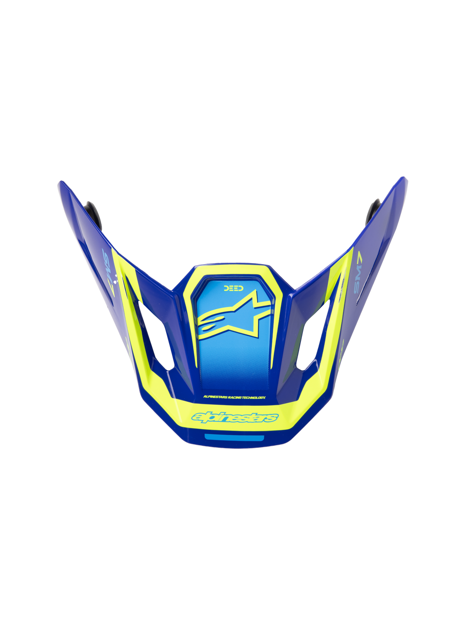 Alpinestars S-M7 Deed ECE06 Visor, Motocross helmet replacement peak, Blue and Yellow Fluo with glossy finish, angular aerodynamic design with side vents, featuring prominent yellow Alpinestars logos and graphics
