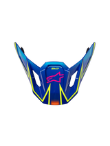 Alpinestars S-M7 Cast Visor, motocross helmet replacement peak, glossy blue with pink and yellow fluo accents, featuring pink star logo and SM7 branding, aerodynamic design with side ventilation vents