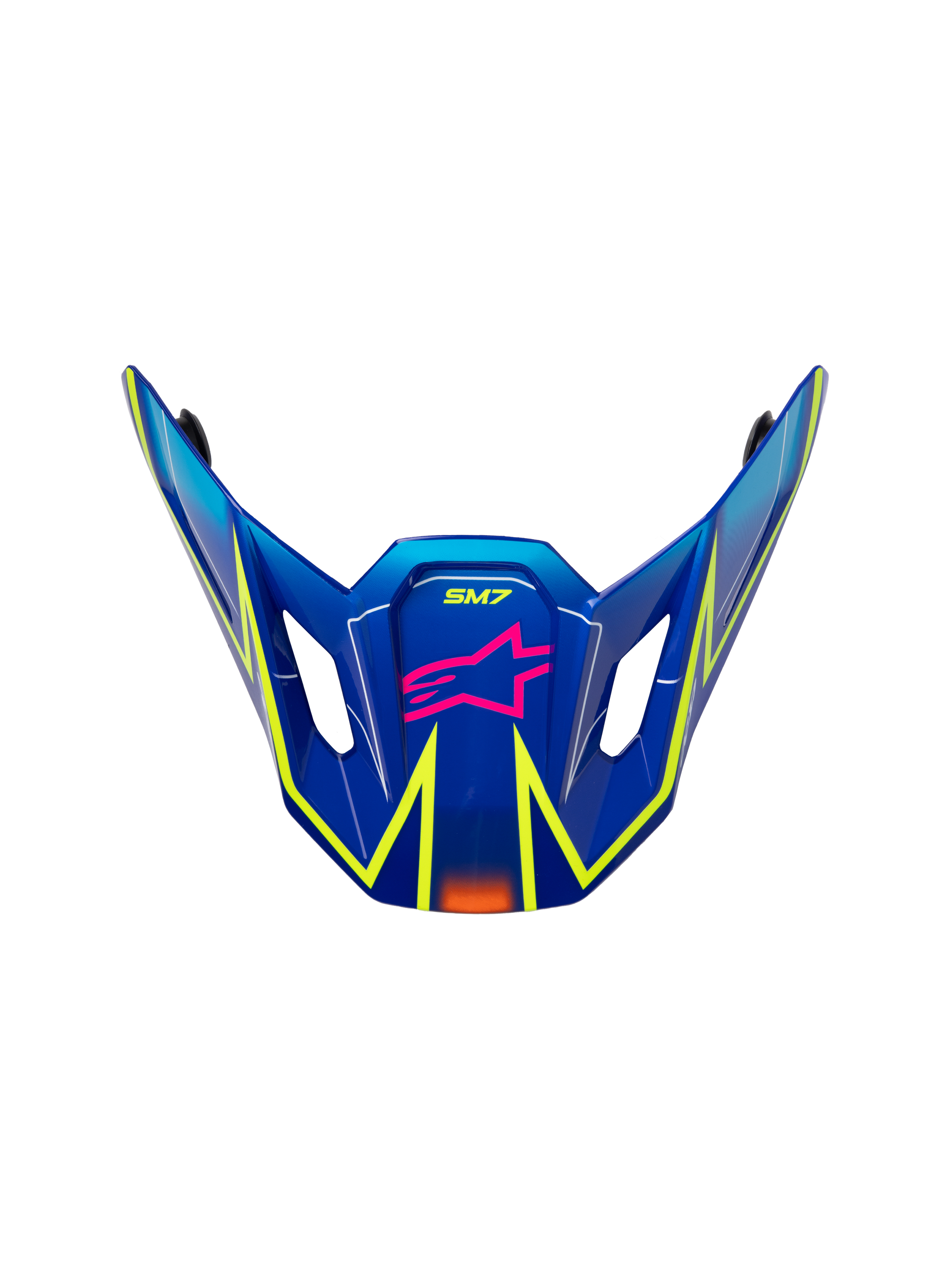 Alpinestars S-M7 Cast Visor, motocross helmet replacement peak, glossy blue with pink and yellow fluo accents, featuring pink star logo and SM7 branding, aerodynamic design with side ventilation vents