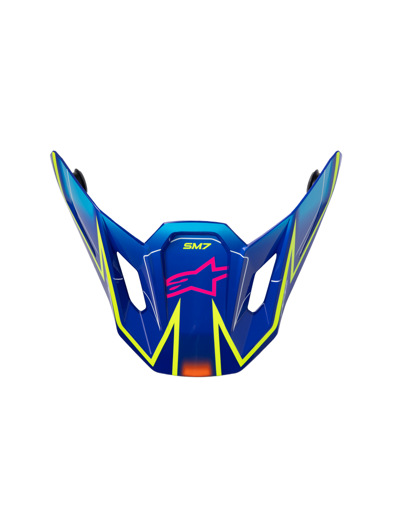 Alpinestars S-M7 Cast Visor, motocross helmet replacement peak, glossy blue with pink and yellow fluo accents, featuring pink star logo and SM7 branding, aerodynamic design with side ventilation vents