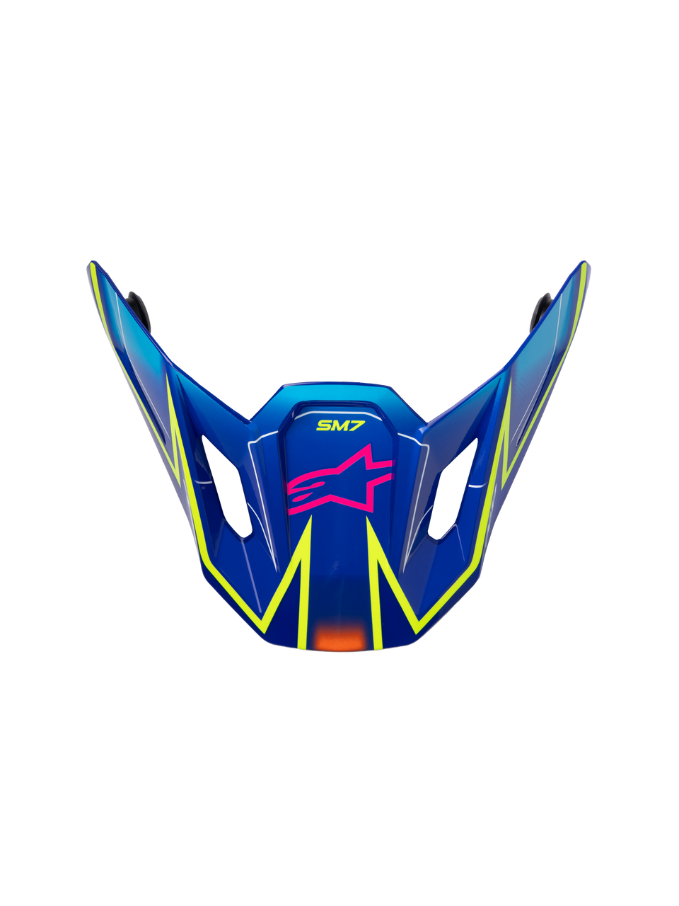 Alpinestars S-M7 Cast Visor, motocross helmet replacement peak, glossy blue with pink and yellow fluo accents, featuring pink star logo and SM7 branding, aerodynamic design with side ventilation vents