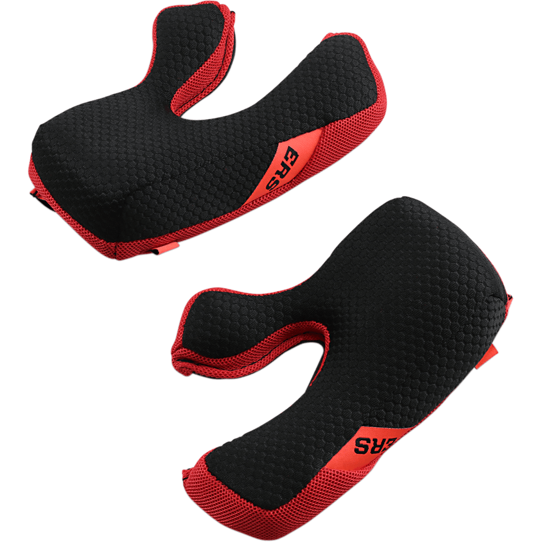Alpinestars Supertech M10/M8 Helmet Cheek Pad Set, Replacement Padding, Black and Red, featuring ERS Emergency Release System tabs, honeycomb textured comfort foam with red mesh accents, motorcycle racing helmet accessories