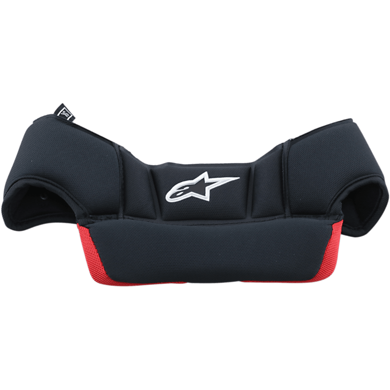Supertech M10/M8 Helmet Crown Pads, replacement helmet accessory, Black and Red, featuring a white Alpinestars logo, soft cushioned mesh material with a curved ergonomic shape for interior helmet fit