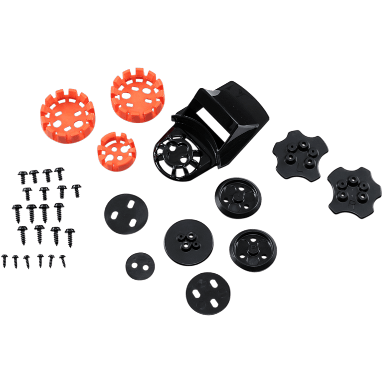 Alpinestars Supertech M10/M8 Helmet Visor Connector Set, Black and Orange, replacement parts kit featuring various black plastic mounts, orange circular connectors, and metal screws, designed for secure visor attachment on motocross helmets