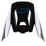 Alpinestars S-M5 Bond Visor, Motocross Helmet Replacement Peak, Black Cyan Glossy, featuring a blue Alpinestars star logo and white side panels with 'ASTARS' text, designed for off-road racing