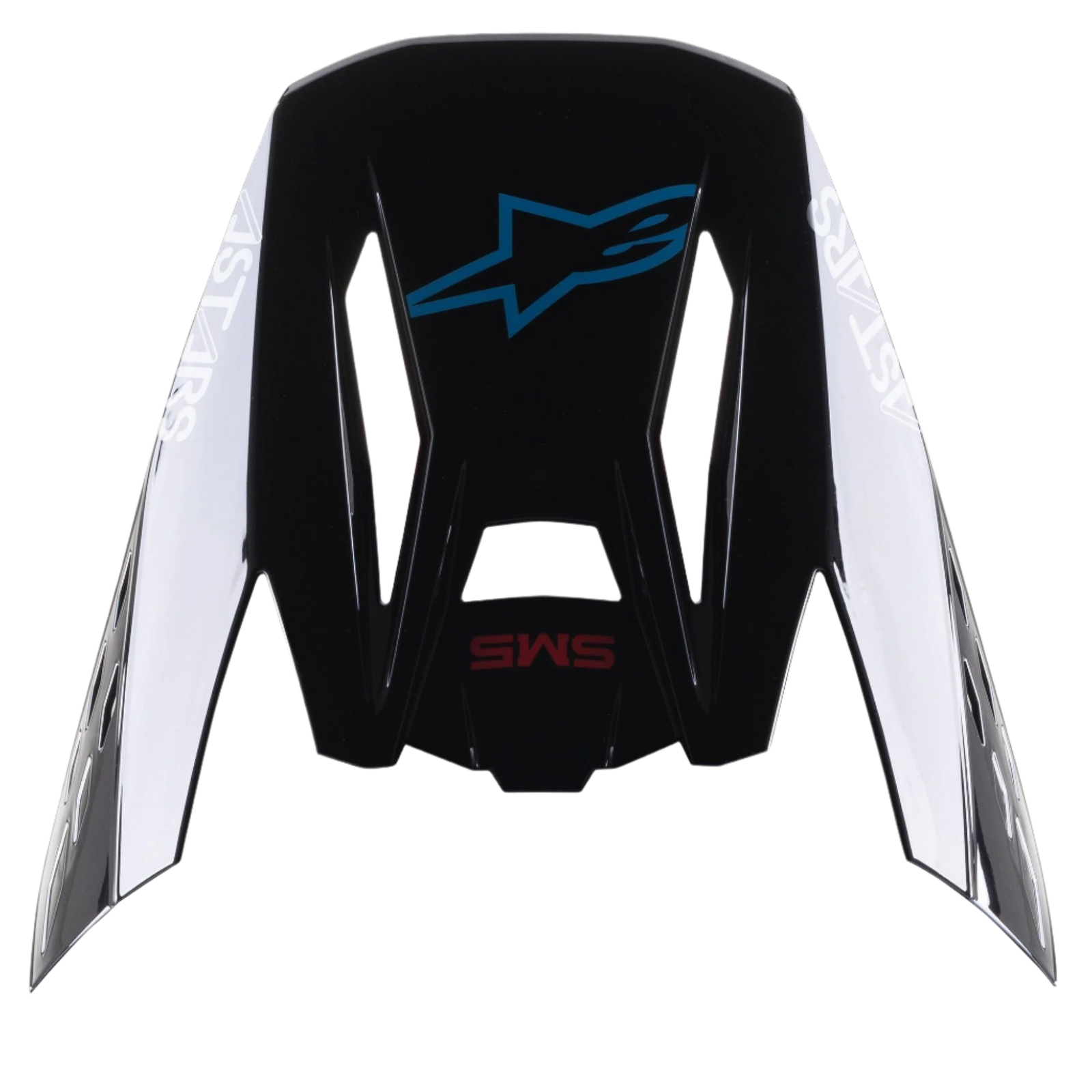 Alpinestars S-M5 Bond Helmet Visor, replacement peak for motocross helmets, Black Cyan Glossy with white Astars side branding, top view featuring blue star logo and red SM5 text