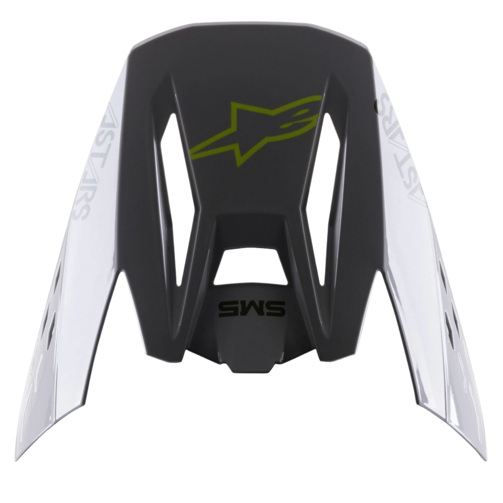 Alpinestars S-M5 Bond Visor, Helmet Accessory, Silver Yellow Fluo Glossy, dark grey central section with a yellow fluo logo, silver side panels featuring Astars branding, glossy finish, replacement peak for S-M5 motocross helmets