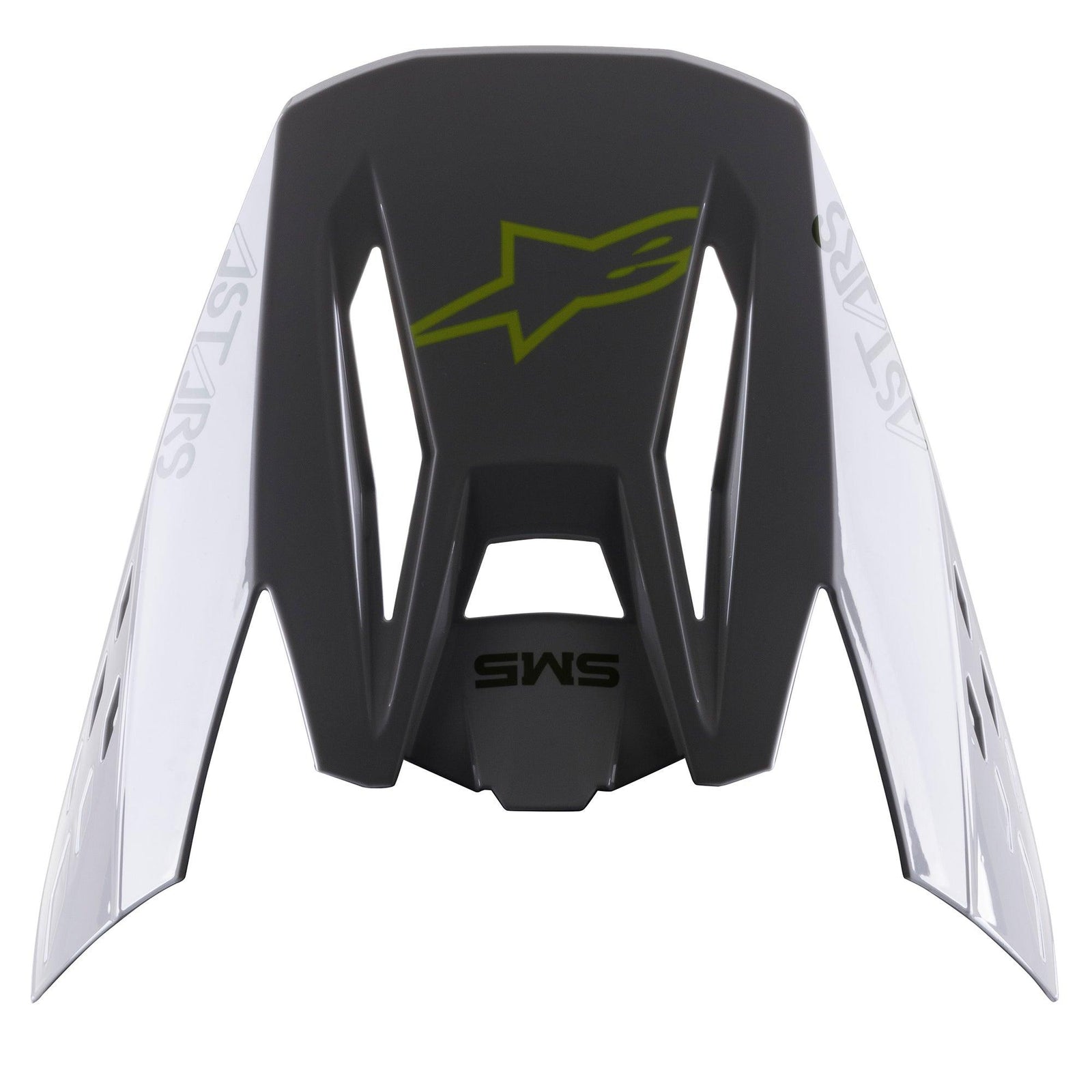 Alpinestars S-M5 Bond Visor, replacement helmet peak, Silver Yellow Fluo Glossy, featuring a central yellow fluo star logo, SM5 text, and white side panels with ASTARS branding, glossy finish for motocross protection