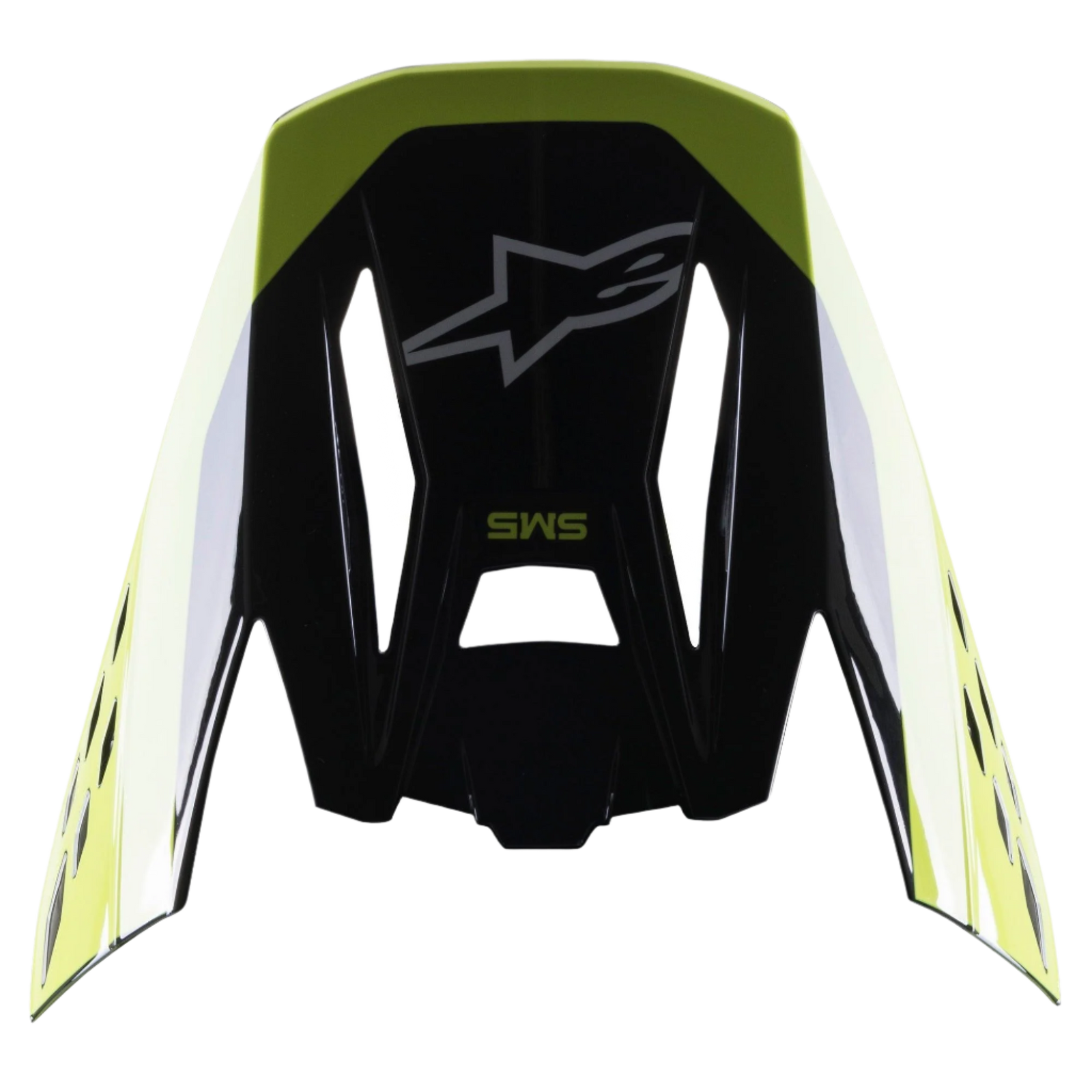 Alpinestars S-M5 Beam Visor, Helmet Accessory, Black and Yellow Fluo Glossy, featuring Alpinestars star logo and SM5 branding, replacement peak for motocross helmets