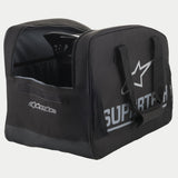 Alpinestars Supertech Semi Rigid Helmet Bag, Black motocross helmet bag featuring silver branding, durable web carrying handles, and a secure semi-rigid construction