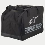 Alpinestars Supertech Semi Rigid Helmet Bag, Black and Silver, featuring durable construction, sturdy carrying handles, and large Supertech branding for motorcycle protection gear