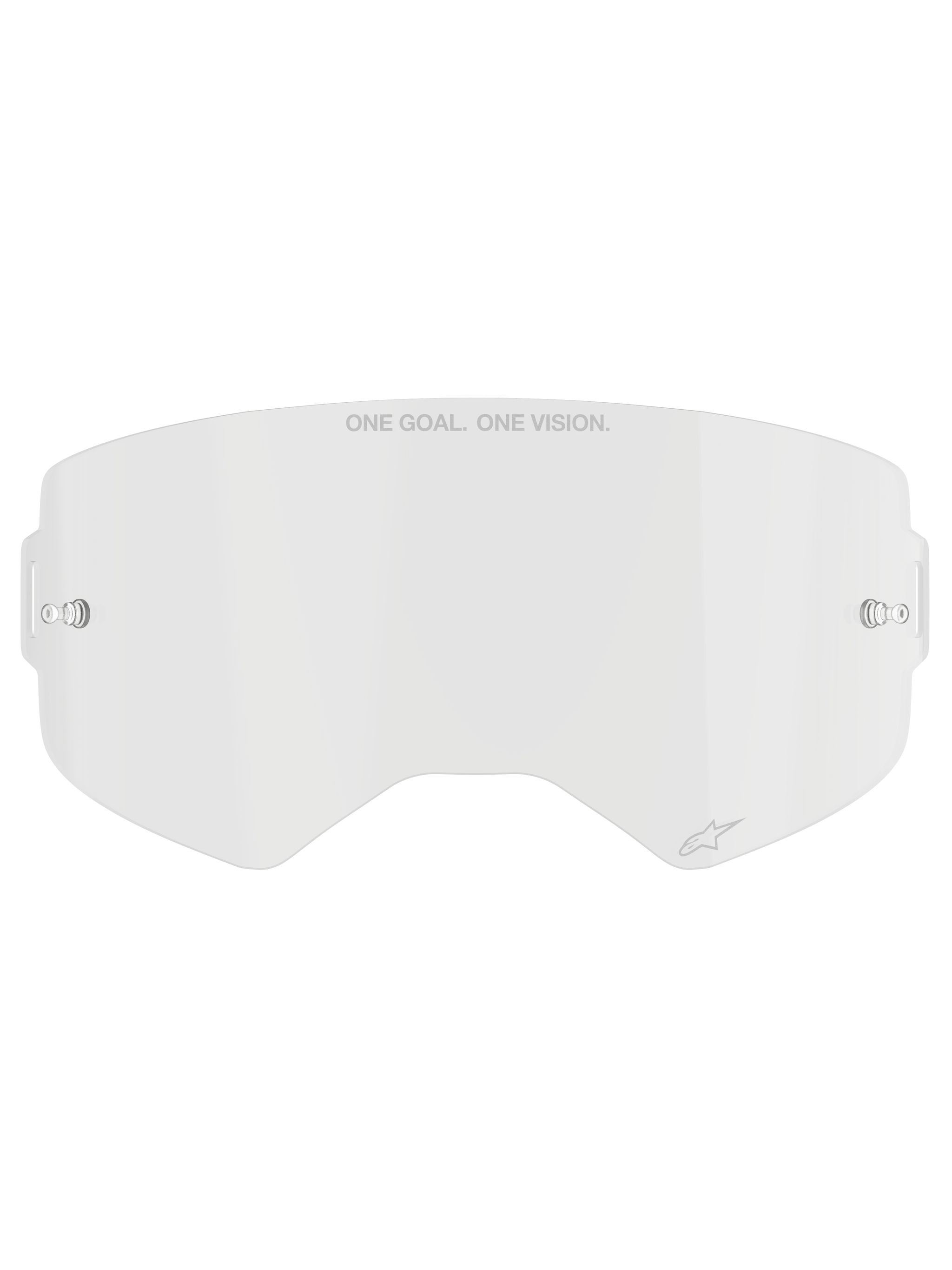 Alpinestars Supertech Clear Lens, replacement motocross goggle lens, transparent impact-resistant polycarbonate, "ONE GOAL. ONE VISION." text on top and small logo detail, features side mounting points for tear-offs