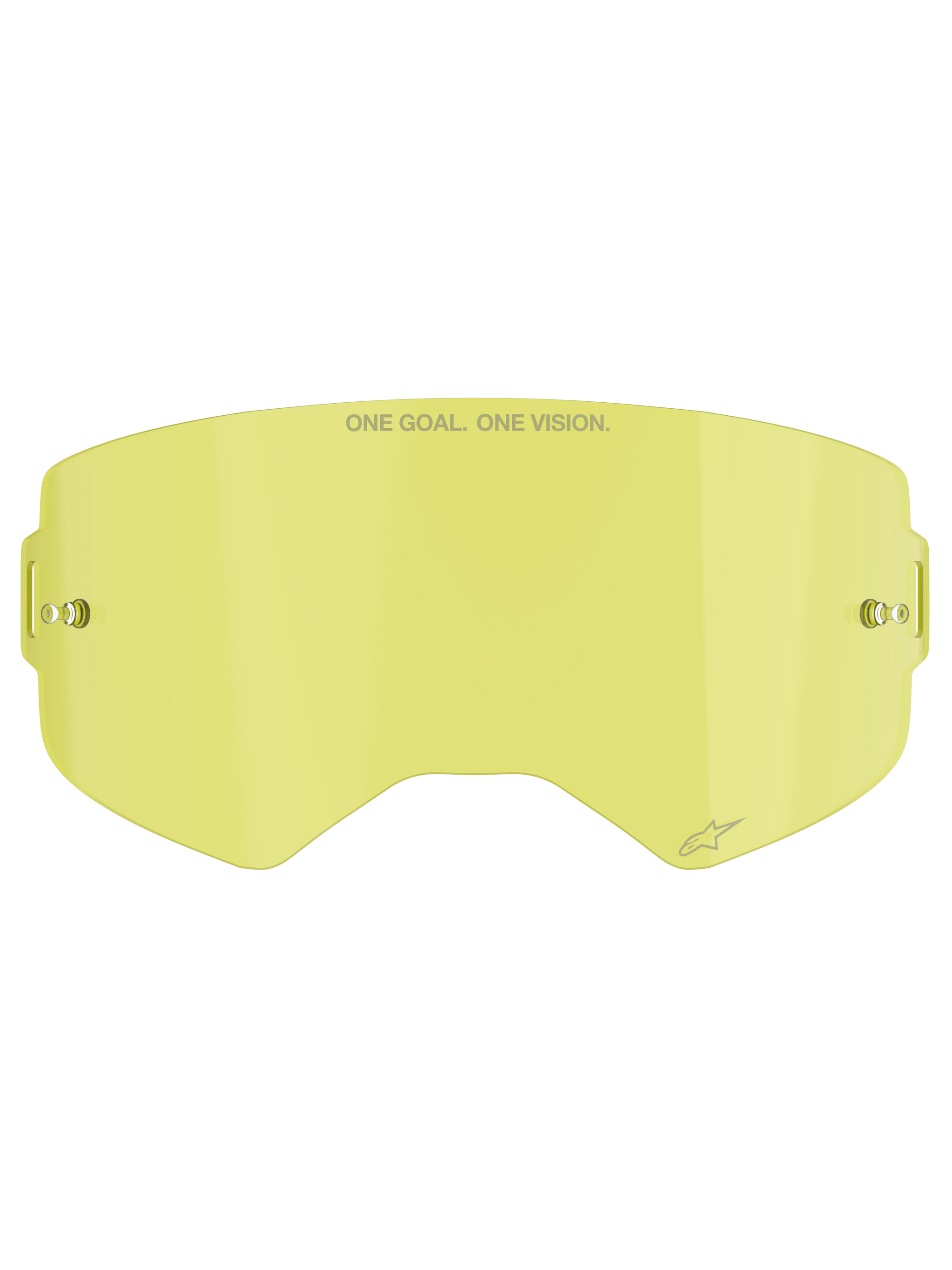 Alpinestars Supertech Clear Lens, Motocross Goggle Replacement Lens, Yellow tint, featuring "ONE GOAL. ONE VISION." branding, integrated tear-off posts, transparent impact-resistant polycarbonate construction.