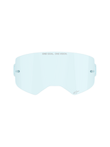 Alpinestars Supertech Clear Lens in Clear Blue, replacement lens for motocross goggles, featuring ONE GOAL ONE VISION branding and integrated tear-off posts, curved impact-resistant polycarbonate design