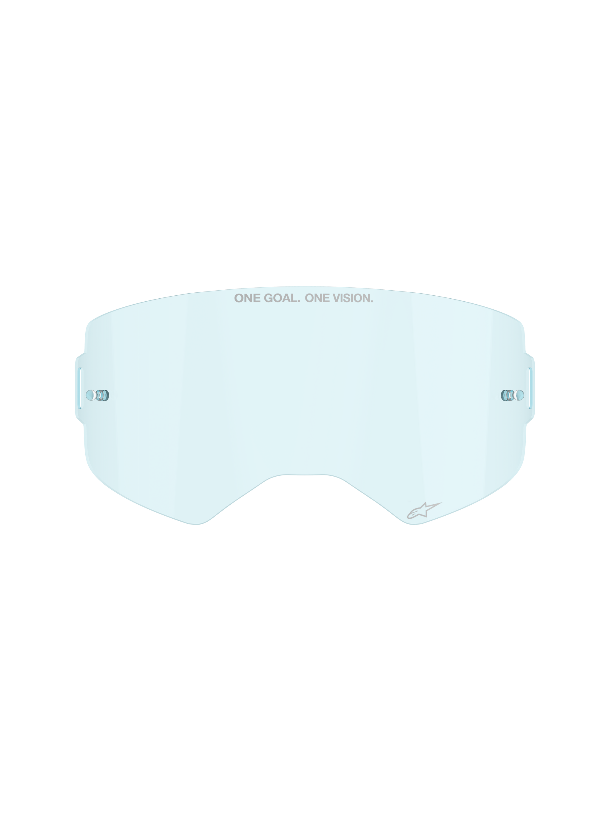 Alpinestars Supertech Clear Lens in Clear Blue, replacement lens for motocross goggles, featuring ONE GOAL ONE VISION branding and integrated tear-off posts, curved impact-resistant polycarbonate design