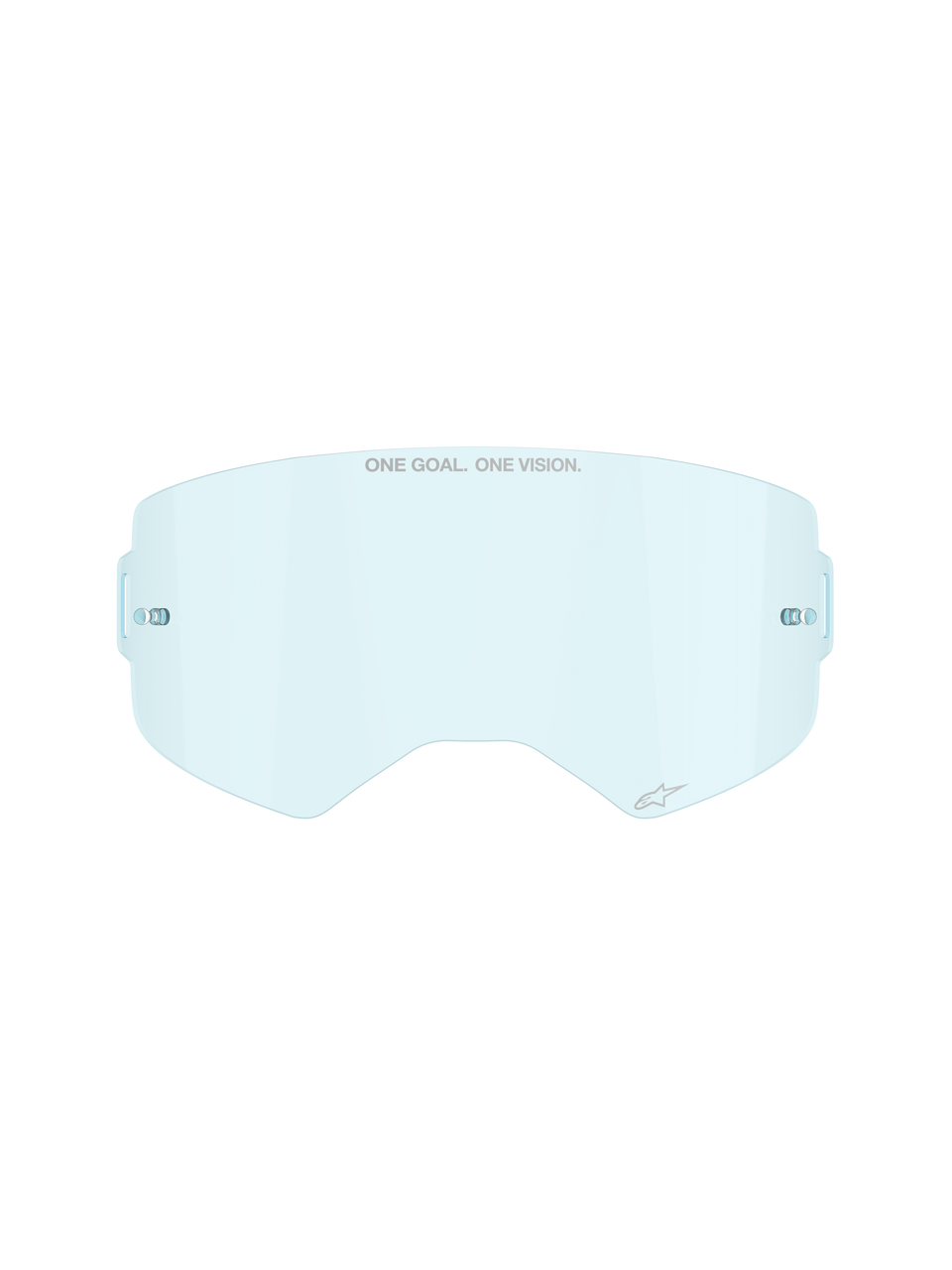 Alpinestars Supertech Clear Lens in Clear Blue, replacement lens for motocross goggles, featuring ONE GOAL ONE VISION branding and integrated tear-off posts, curved impact-resistant polycarbonate design