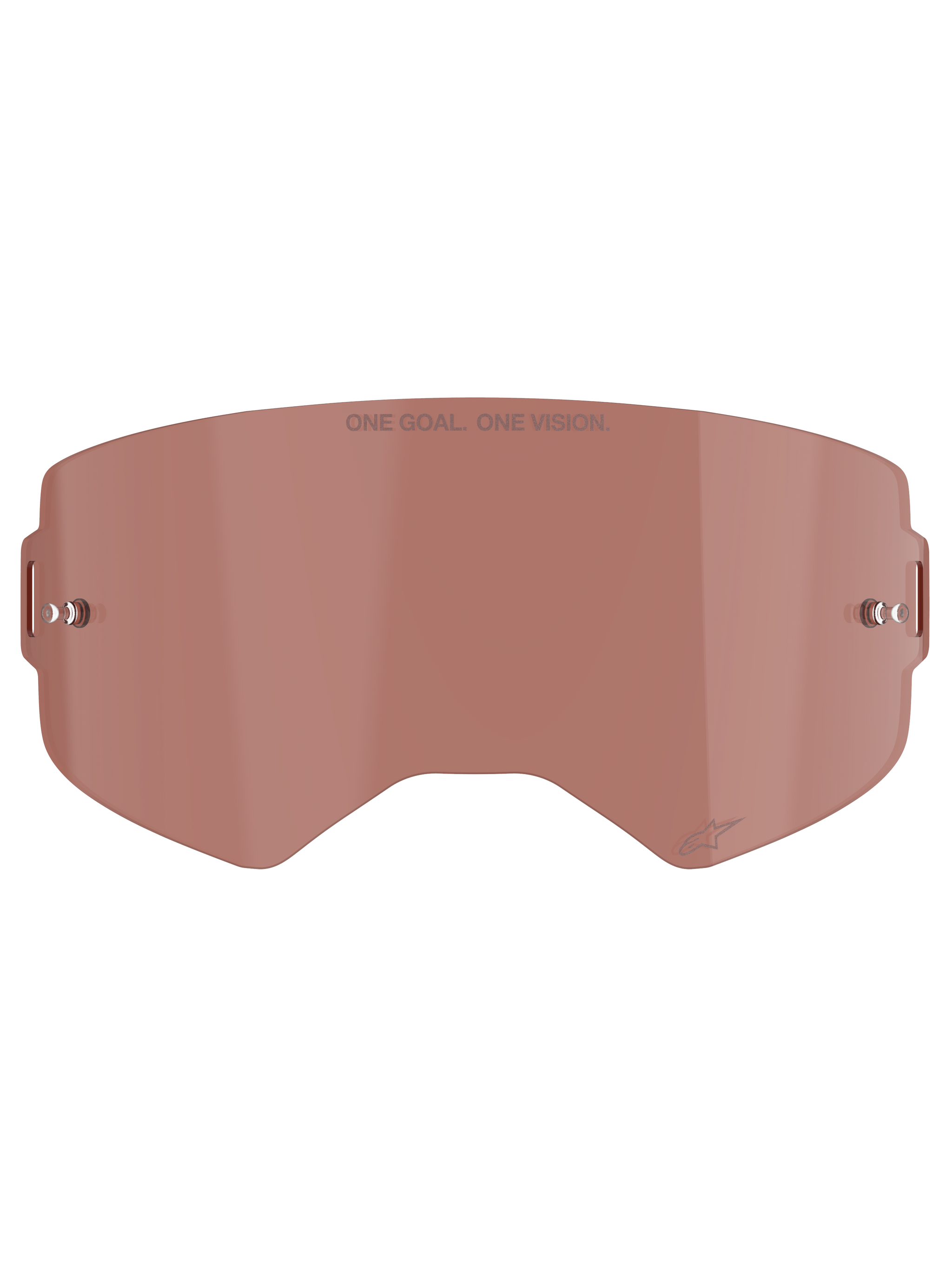 Alpinestars Supertech Goggle Lens, Copper Rose Tinted, injection-molded polycarbonate shield with built-in metal tear-off posts, featuring "ONE GOAL. ONE VISION." branding, off-road and motocross racing accessory