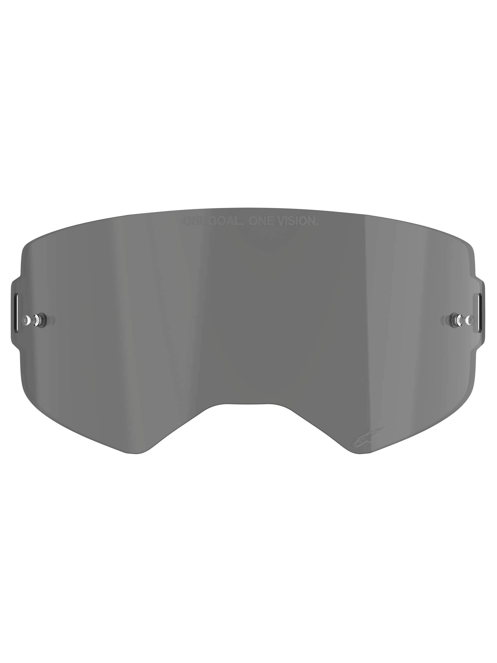 Alpinestars Supertech Smoke Lens, Dark Smoke replacement lens for motocross goggles, curved injection-molded polycarbonate shield with tear-off posts, featuring 'ONE GOAL. ONE VISION.' branding and Alpinestars star logo