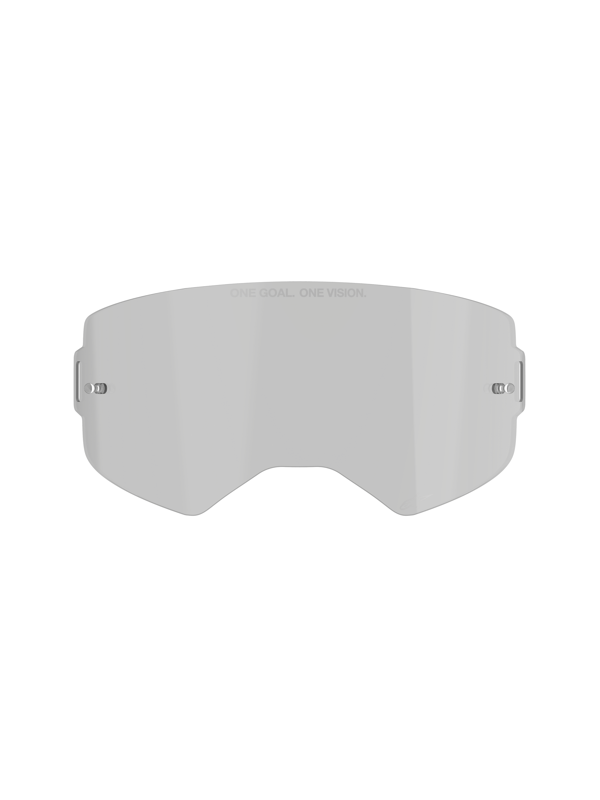 Alpinestars Supertech Smoke Lens, Goggle Replacement Lens, Medium Smoke Gray Tint, featuring 'ONE GOAL. ONE VISION.' text, curved polycarbonate design with built-in tear-off posts, off-road and motocross accessory