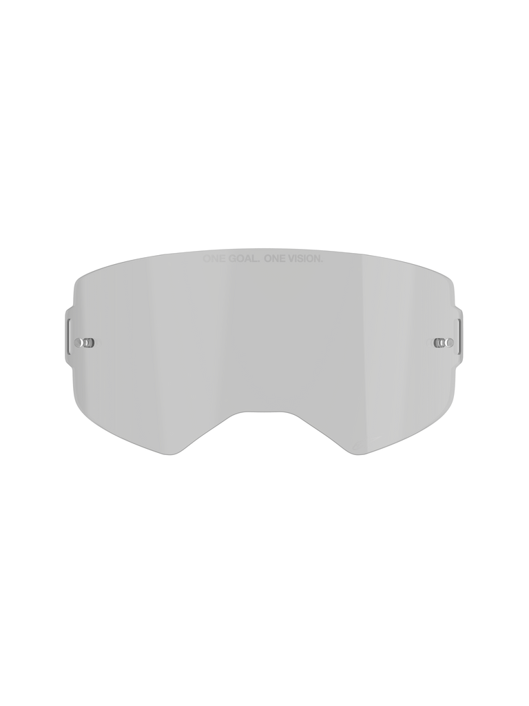 Alpinestars Supertech Smoke Lens, Goggle Replacement Lens, Medium Smoke Gray Tint, featuring 'ONE GOAL. ONE VISION.' text, curved polycarbonate design with built-in tear-off posts, off-road and motocross accessory