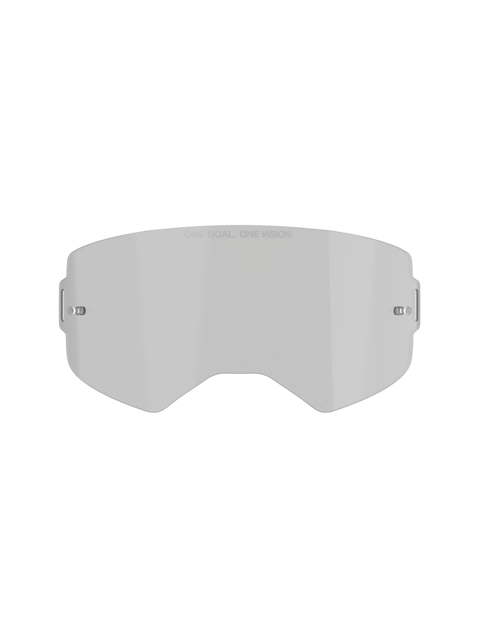 Alpinestars Supertech Smoke Lens, Goggle Replacement Lens, Medium Smoke Gray Tint, featuring 'ONE GOAL. ONE VISION.' text, curved polycarbonate design with built-in tear-off posts, off-road and motocross accessory