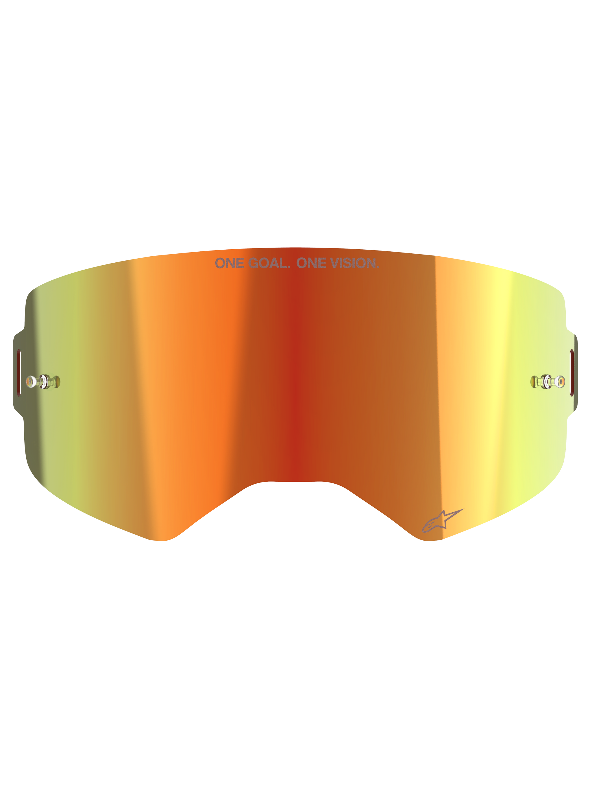 Alpinestars Supertech Mirror Lens, Motocross Goggle Replacement Lens, Mirror Red with orange and yellow gradient, featuring "ONE GOAL. ONE VISION." text, built-in tear-off posts, and reflective finish for off-road racing