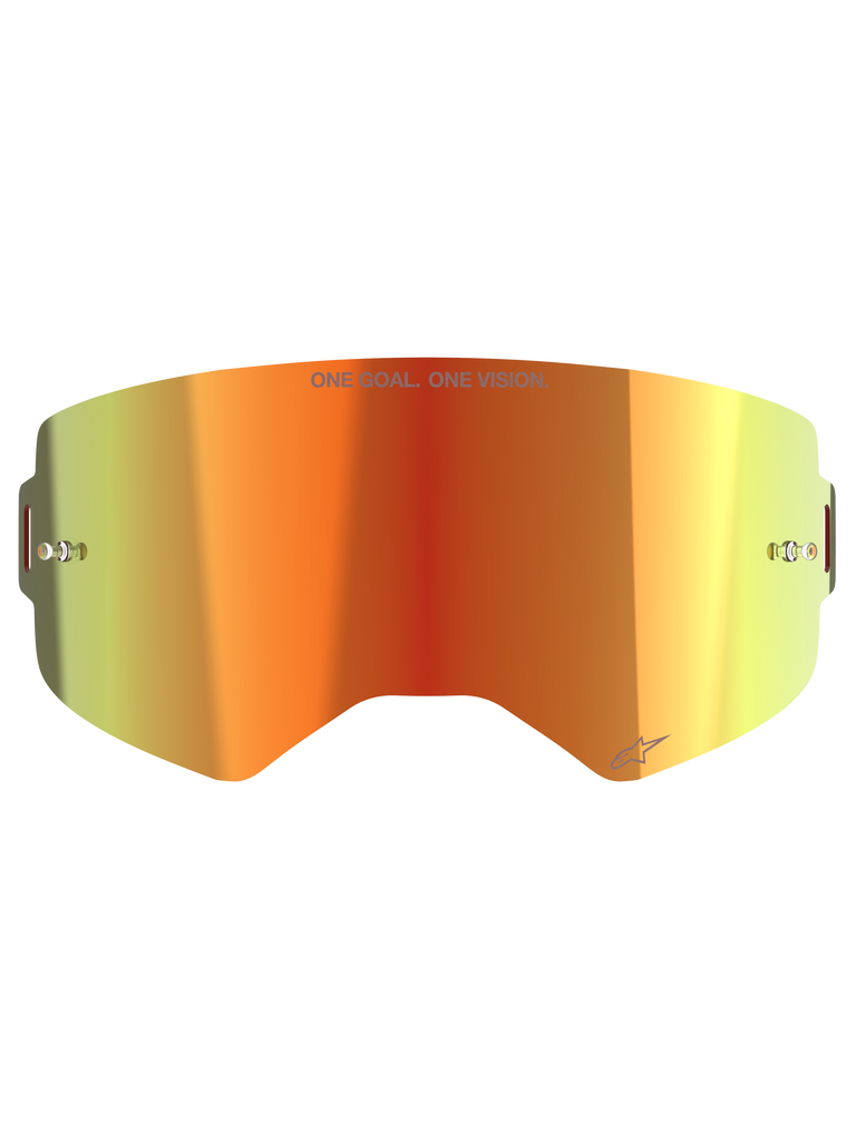 Alpinestars Supertech Mirror Lens, Motocross Goggle Replacement Lens, Mirror Red with orange and yellow gradient, featuring "ONE GOAL. ONE VISION." text, built-in tear-off posts, and reflective finish for off-road racing