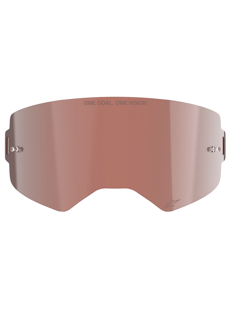 Alpinestars Supertech Mirror Lens, Motocross Goggle Replacement, Mirror Silver with reddish-brown Absolute Vision™ tint, reflective surface with integrated tear-off posts, 'ONE GOAL. ONE VISION.' engraving and Alpinestars logo