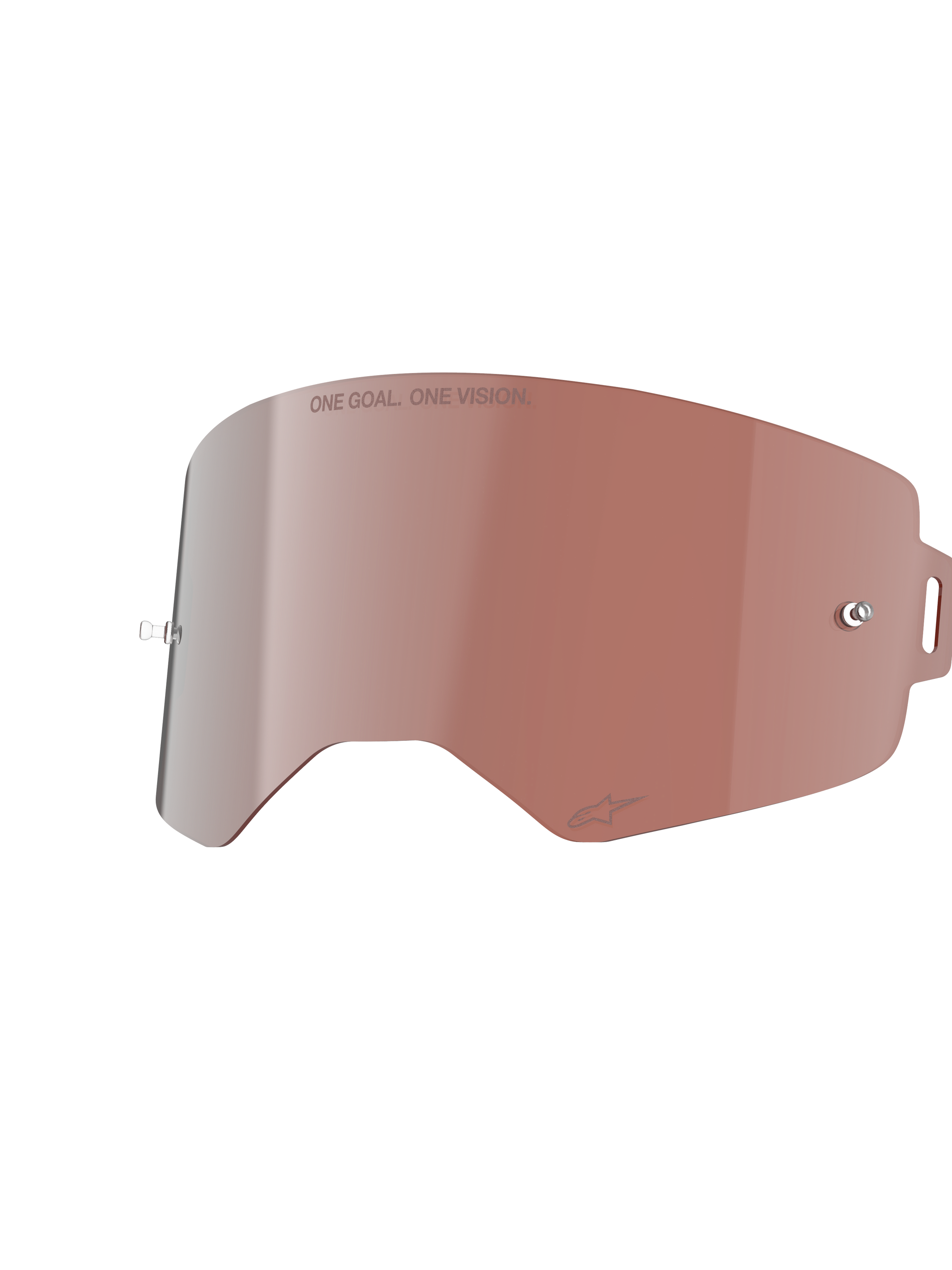 Alpinestars Supertech Mirror Lens, Goggle Replacement Lens, Mirror Silver with warm-colored tint, featuring 'ONE GOAL. ONE VISION.' text and tear-off posts, durable polycarbonate construction for motocross and off-road racing.