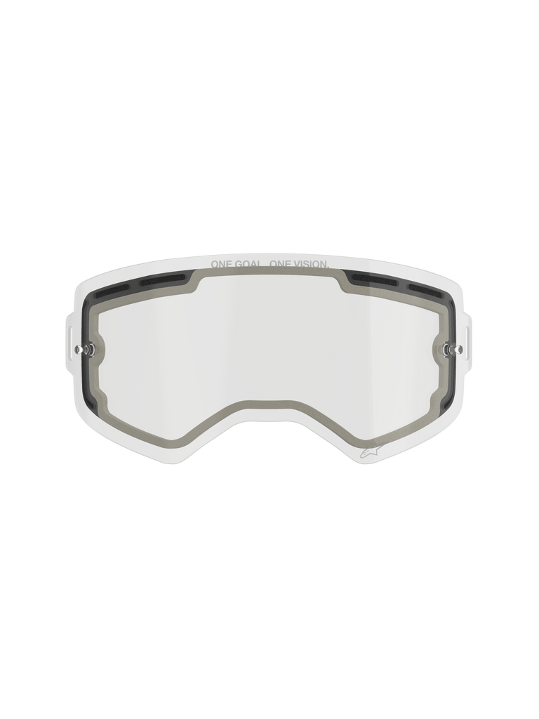 Alpinestars Supertech Double Pane Lens, Motocross Goggle Replacement Lens, Clear, vented design with grey foam seals, featuring 'ONE GOAL. ONE VISION.' branding on the top edge, curved anti-fog polycarbonate for off-road use.