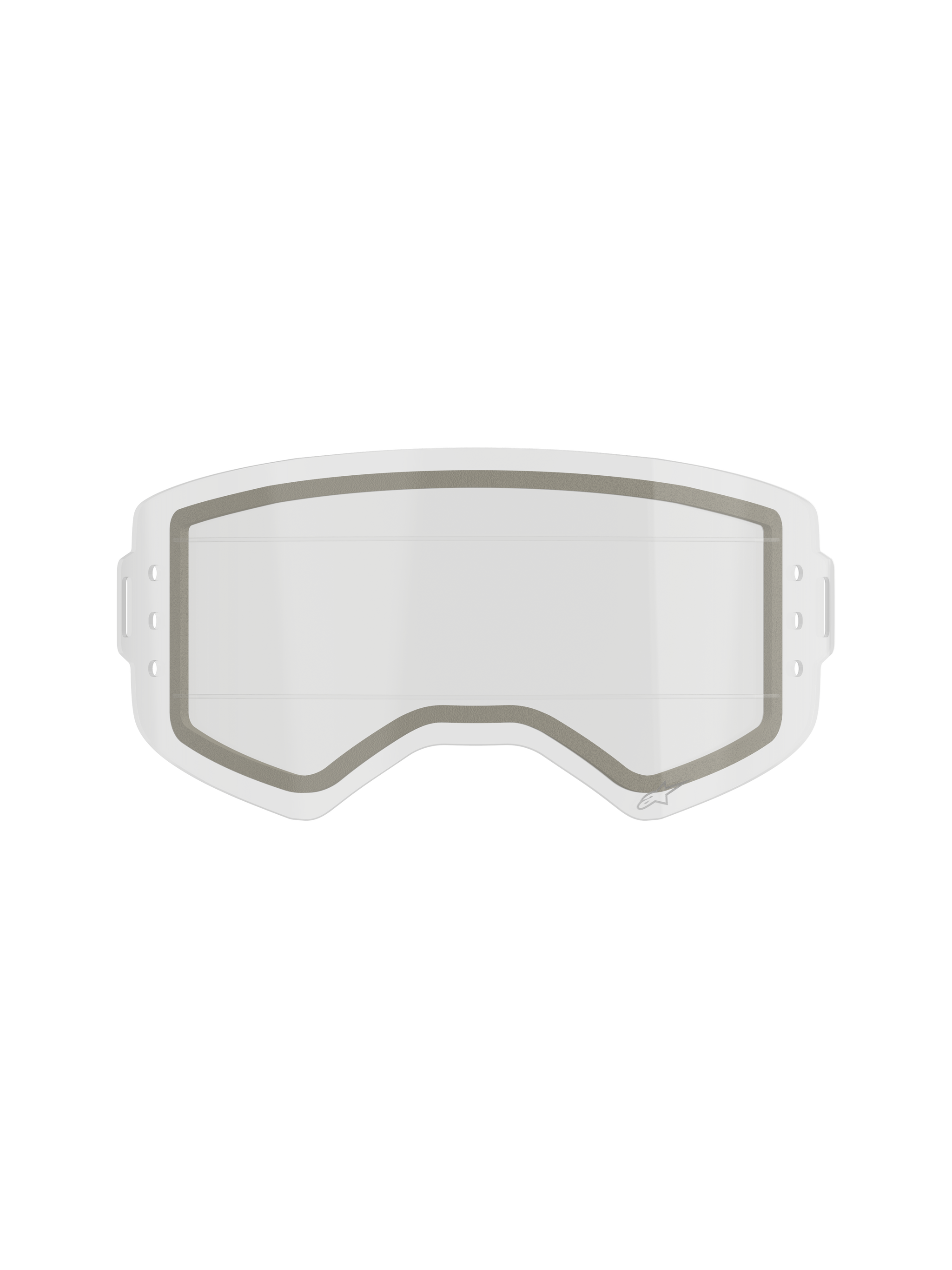 Alpinestars Supertech Dual Pane Roll Off Lens, Motocross Goggle Replacement Lens, Clear, dual-pane construction with a visible grey neoprene seal and side notches for roll-off film, transparent impact-resistant polycarbonate