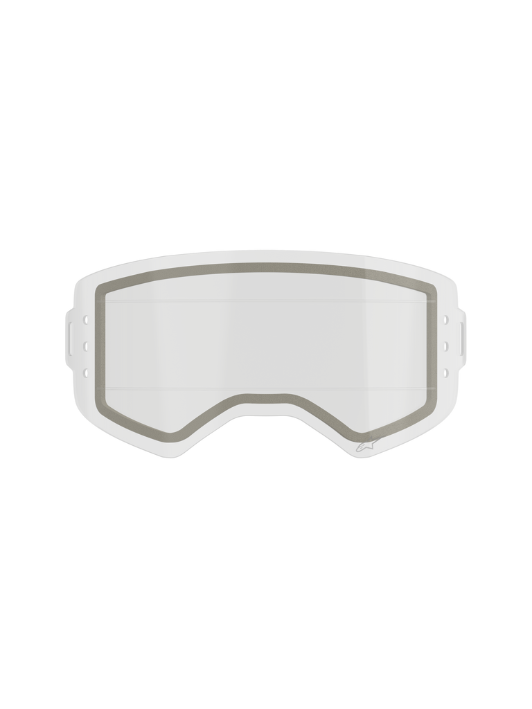 Alpinestars Supertech Dual Pane Roll Off Lens, Motocross Goggle Replacement Lens, Clear, dual-pane construction with a visible grey neoprene seal and side notches for roll-off film, transparent impact-resistant polycarbonate