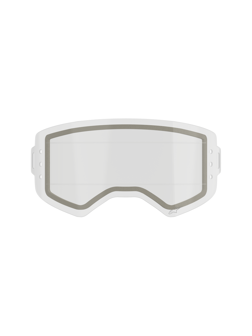Alpinestars Supertech Dual Pane Roll Off Lens, Motocross Goggle Replacement Lens, Clear, dual-pane construction with a visible grey neoprene seal and side notches for roll-off film, transparent impact-resistant polycarbonate