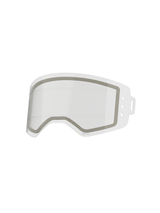 Alpinestars Supertech Dual Pane Roll Off Lens, Clear Replacement Goggle Lens, featuring a dual-pane anti-fog construction with a grey neoprene seal and integrated silicone glide lines for smooth roll-off film performance, made from impact-resistant polycarbonate.