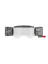 Alpinestars Supertech Roll Off Kit Wide Vision, Motocross Goggle Accessory, Transparent Injection-Molded Lens with integrated smoke-colored roll-off canisters, featuring 'ONE GOAL. ONE VISION.' text on the mud visor and a red pull-knob.