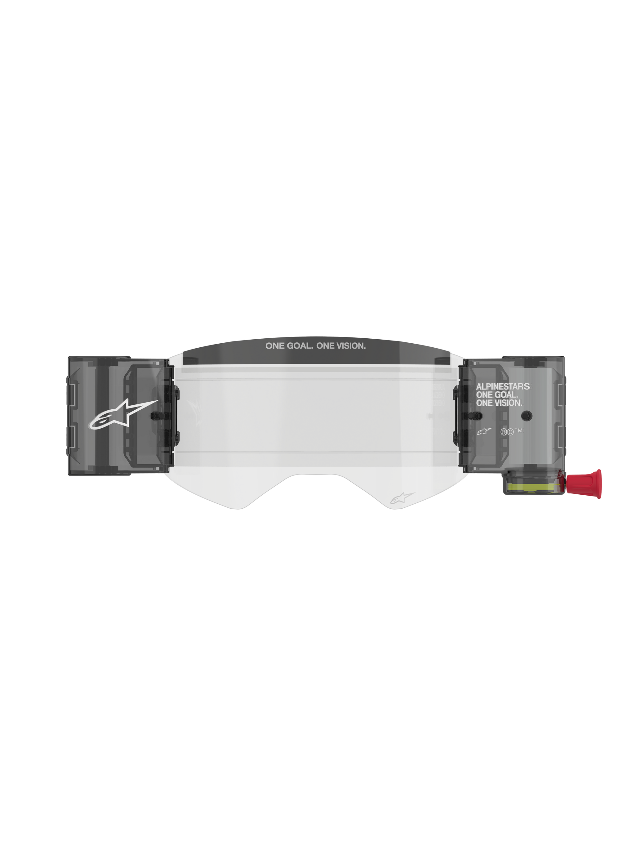 Alpinestars Supertech Roll Off Kit Wide Vision, Motocross Goggle Accessory, Transparent Injection-Molded Lens with integrated smoke-colored roll-off canisters, featuring 'ONE GOAL. ONE VISION.' text on the mud visor and a red pull-knob.