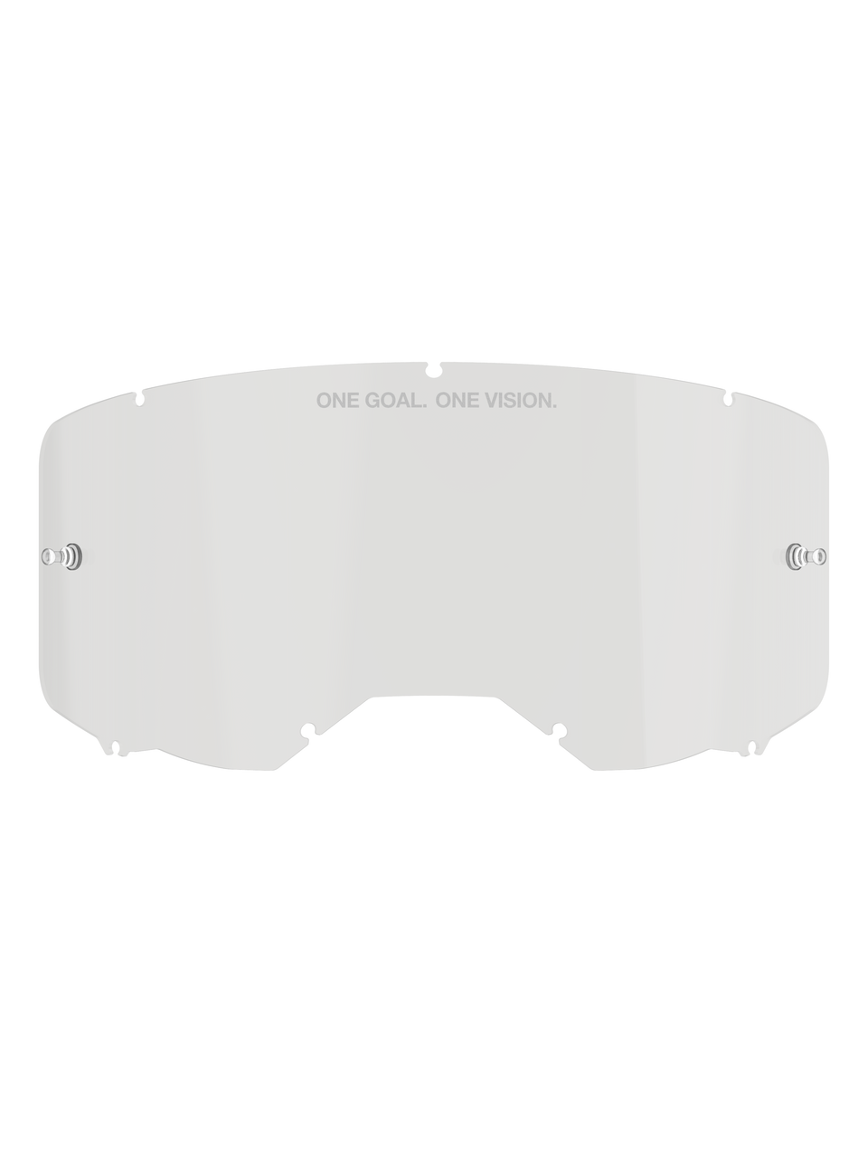 Alpinestars Vision 8-5-3 Lens, Clear replacement goggle lens, polycarbonate construction with integrated tear-off posts and seven-point locking system, featuring 'ONE GOAL. ONE VISION.' text, for motocross and off-road riding protection